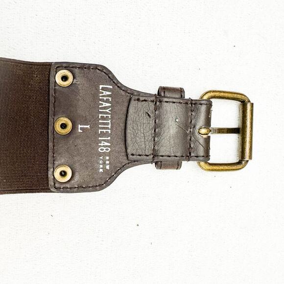 Lafayette 148 Brown Stretch Belt Leather Tabs Brass Buckles Size L